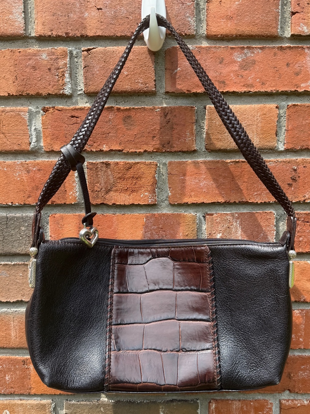 Vintage Brighton Black & Brown Leather Croc Embossed Shoulder Bag